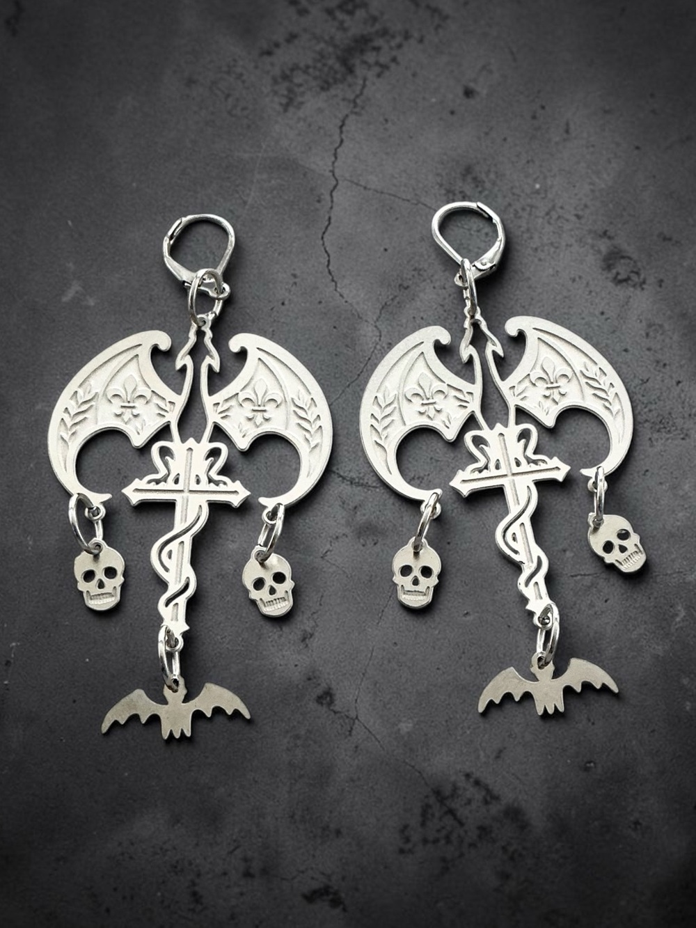 🆕Dragon on a Cross with Skulls and Bats Laser Etched Dangle Earrings